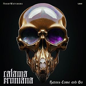Pre Made Album Cover Silk a gold skull with large purple eyes on a black background