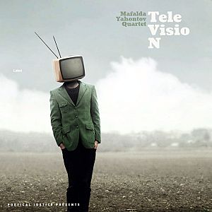Pre Made Album Cover Pumice a man standing in a field with a television on his head