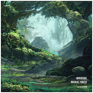 Pre Made Album Cover Outer Space a digital painting of a forest with a waterfall
