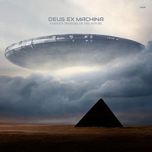 Pre Made Album Cover Mako a large object flying over a pyramid under a cloudy sky