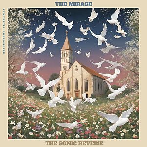 Pre Made Album Cover Makara a painting of a church surrounded by white birds