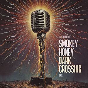 Pre Made Album Cover Woody Brown a microphone with lightning coming out of it and the words smokey honey dark crossing