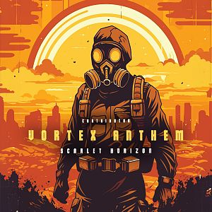 Pre Made Album Cover Thunder Person in a gas mask and survival gear stands in a post-apocalyptic cityscape with a fiery sunset in the background.