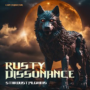 Pre Made Album Cover Antique Brass A mystical wolf with glowing red eyes stands on a rocky terrain under a bright, full moon in a dramatic, cloudy night sky.