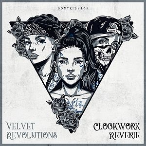 Pre Made Album Cover Ebony Clay Three stylized figures with tattoos and intricate details, framed by roses within a triangle.