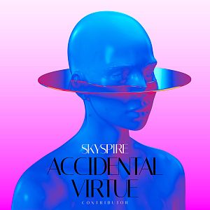 Pre Made Album Cover Denim A blue, digital bust of a human figure with a metallic ring horizontally intersecting its head, set against a pink gradient background.