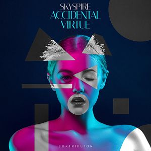 Pre Made Album Cover Tapestry A woman with feathered headpiece, neon blue and pink lighting, and geometric shapes superimposed on her.