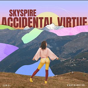 Pre Made Album Cover Russett A person stands on a hillside overlooking colorful, stylized mountains and a sunset, wearing bright, eclectic clothing.
