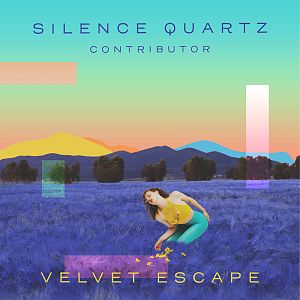 Pre Made Album Cover Victoria A woman in a yellow top and teal pants poses in a purple field with a surreal, colorful sky and geometric shapes.