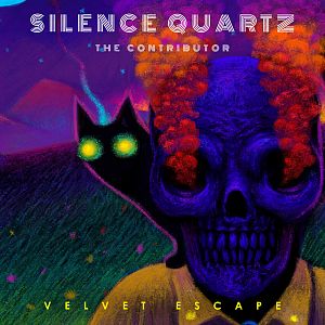 Pre Made Album Cover Bleached Cedar A surreal, colorful scene with a glowing-eyed black cat and a purple skull emitting orange smoke, set against a vibrant, dreamy background.