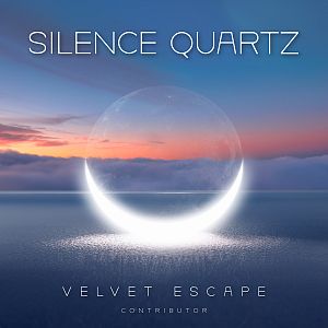Pre Made Album Cover East Bay A glowing crescent-shaped orb floats over a serene ocean at sunset with hues of orange, purple, blue, and a minimalistic design.
