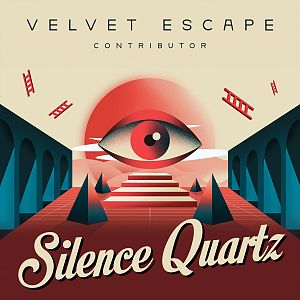 Pre Made Album Cover Double Spanish White Abstract art featuring a large eye over a surreal landscape with stairs, arches, and geometric shapes in red and teal tones.