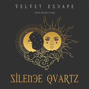 Pre Made Album Cover Mine Shaft Two stylized human faces in celestial motifs, surrounded by sun rays and clouds on a black background.