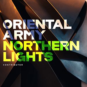 Pre Made Album Cover Thunder Abstract, folded metallic surface with bold gradient text in blue, yellow, and green. Words highlighted: Oriental Army, Northern Lights, Contributor.