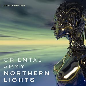 Pre Made Album Cover Corduroy A futuristic metallic humanoid figure gazes at an aurora-lit sky with reflective surfaces, suggesting a sci-fi theme.