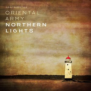 Pre Made Album Cover Barley Corn A white lighthouse with a red top stands alone by the water on a hazy, textured background.