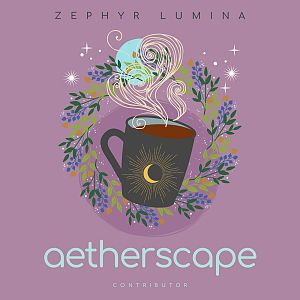 Pre Made Album Cover Bouquet A dark mug emitting swirling steam, surrounded by flowers and stars, with a moon and rays graphic.