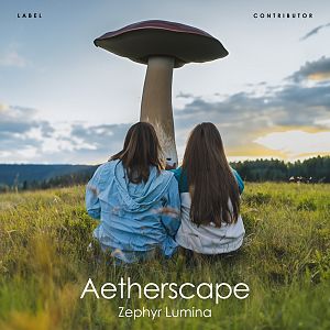 Pre Made Album Cover Hemlock Two people sitting in a grassy field, facing a large mushroom against a scenic backdrop of mountains and a cloudy sky.