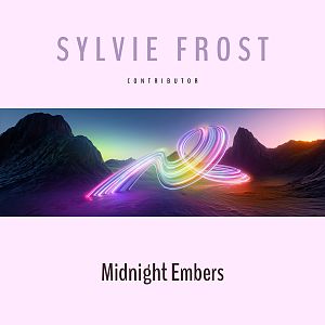 Pre Made Album Cover Martinique Colorful light trails swirl against a mountainous backdrop at sunset. Pale pink borders with text above and below the image.