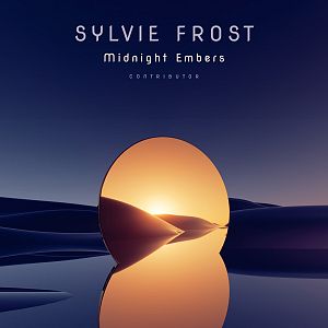 Pre Made Album Cover Port Gore A glowing, circular sunset mirror reflects a serene desert landscape with dark blue dunes and a calm sky.