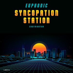 Pre Made Album Cover Ebony Retro-futuristic cityscape at sunset with a grid pattern foreground and vibrant typography.