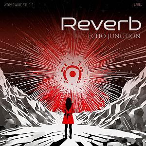 Pre Made Album Cover Cavern Pink A person in a red dress stands on a snowy path, facing a radiant, red sky with abstract, explosive patterns.