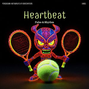 Pre Made Album Cover Raw Sienna A glowing, neon-colored toy figure with horns holds two tennis rackets behind a tennis ball, set against a dark background.
