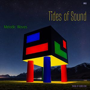 Pre Made Album Cover Mirage A large, colorful cube supported by four cylindrical pillars, against a starry night sky and mountainous background.