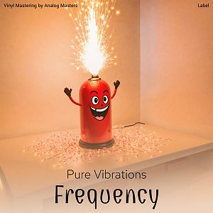 Pre Made Album Cover Harvest Gold A red, animated fire extinguisher with a smiling face shoots fireworks from its top while standing on a table surrounded by string lights.