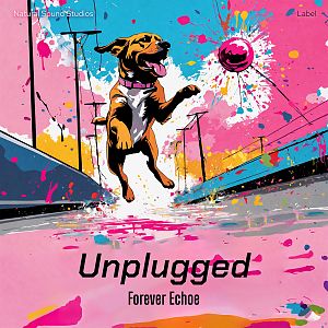 Pre Made Album Cover Blumine A joyful dog leaps mid-air to catch a colorful ball in a vibrant, splatter-paint street scene.