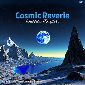 Pre Made Album Cover Firefly A surreal landscape with snowy mountains, a blue lake, and a radiant blue moon under a starry night sky.