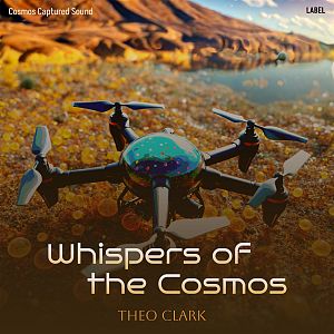 Pre Made Album Cover Metallic Bronze A six-rotor drone rests on rocky terrain by a serene river, with mountains visible in the background. The scene is brightly lit and calm.