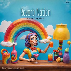 Pre Made Album Cover Pelorous A colorful clay figure of a woman enjoys drinks under a vibrant rainbow with a blue sky background and various rainbow-themed decorations.