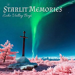 Pre Made Album Cover Deep Sea Green A sword embedded in a rock stands amidst pink trees under a vibrant green aurora borealis in a starry night sky.