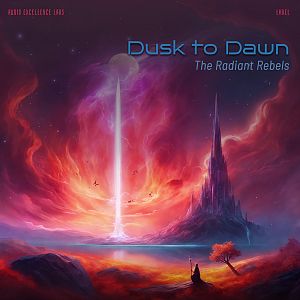Pre Made Album Cover Livid Brown A robed figure gazes upon a mystical landscape with a glowing beam of light, a dark spire, fiery sky, and a serene, glowing horizon.