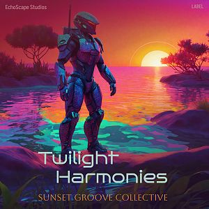 Pre Made Album Cover Roman A futuristic armored figure stands by a vibrant, surreal sunset over a reflective body of water with trees in the background.