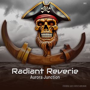 Pre Made Album Cover English Walnut a pirate skull with a pirate hat on top of a wooden anchor, floating on the sea under the gray and cloudy sky