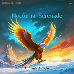 Pre Made Album Cover Limed Spruce A majestic phoenix with golden-red feathers spreads its wings against a dramatic sky, with mountains and a bright horizon in the background.