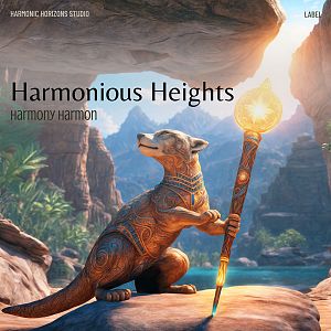 Pre Made Album Cover Abbey A carved otter holding a glowing staff stands on a sunlit rock, with mountains and greenery in the background.