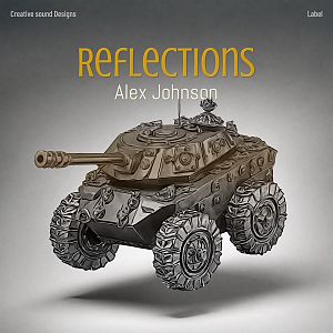 Pre Made Album Cover Friar Gray A detailed, grayscale model of a tank with large, rugged wheels in a dramatic, shadowed lighting.