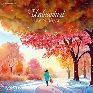 Pre Made Album Cover Raw Sienna A person in a blue coat walks down a snowy path surrounded by colorful autumn trees.