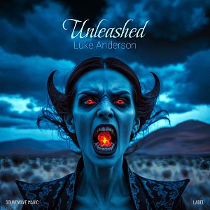 Pre Made Album Cover Chathams Blue A woman with glowing red eyes and mouth, in a blue and dark eerie landscape, appears to be screaming.
