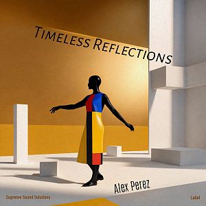 Pre Made Album Cover Driftwood A person in a colorful, geometric dress stands in a minimalistic, abstract setting with strong shadows and clean lines.