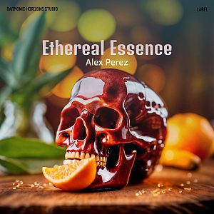 Pre Made Album Cover Millbrook A glossy red skull with a slice of orange in its mouth rests on a wooden surface, with bokeh lights and greenery in the background.