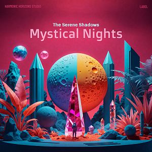 Pre Made Album Cover Night Shadz A surreal scene features a person surrounded by crystals, plants, and futuristic structures with a large, colorful moon in the background.