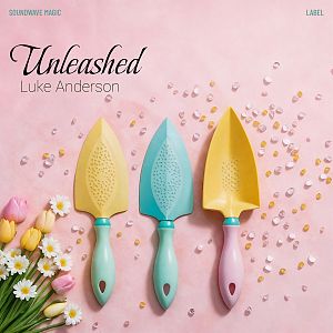 Pre Made Album Cover Oyster Pink Three colorful gardening trowels on a pink background, surrounded by scattered decorative stones, tulips, and daisies.
