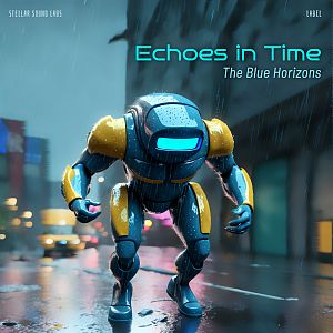 Pre Made Album Cover Pickled Bluewood A futuristic robot with blue and yellow armor walks in a rainy, neon-lit city street at night.