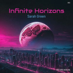 Pre Made Album Cover Steel Gray A futuristic cityscape bathed in neon, with a massive, cratered planet dominating the night sky, casting a surreal pink and blue glow over the skyline.