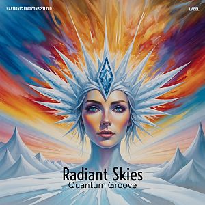Pre Made Album Cover Edward A regal woman with icy crown and gemstone, set against a vibrant, fiery sky and snowy peaks. Surreal, fantasy art style.