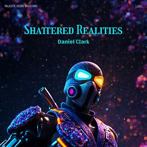 Pre Made Album Cover Mirage Futuristic masked figure with glowing eyes and colorful armor against a vibrant, cosmic background.